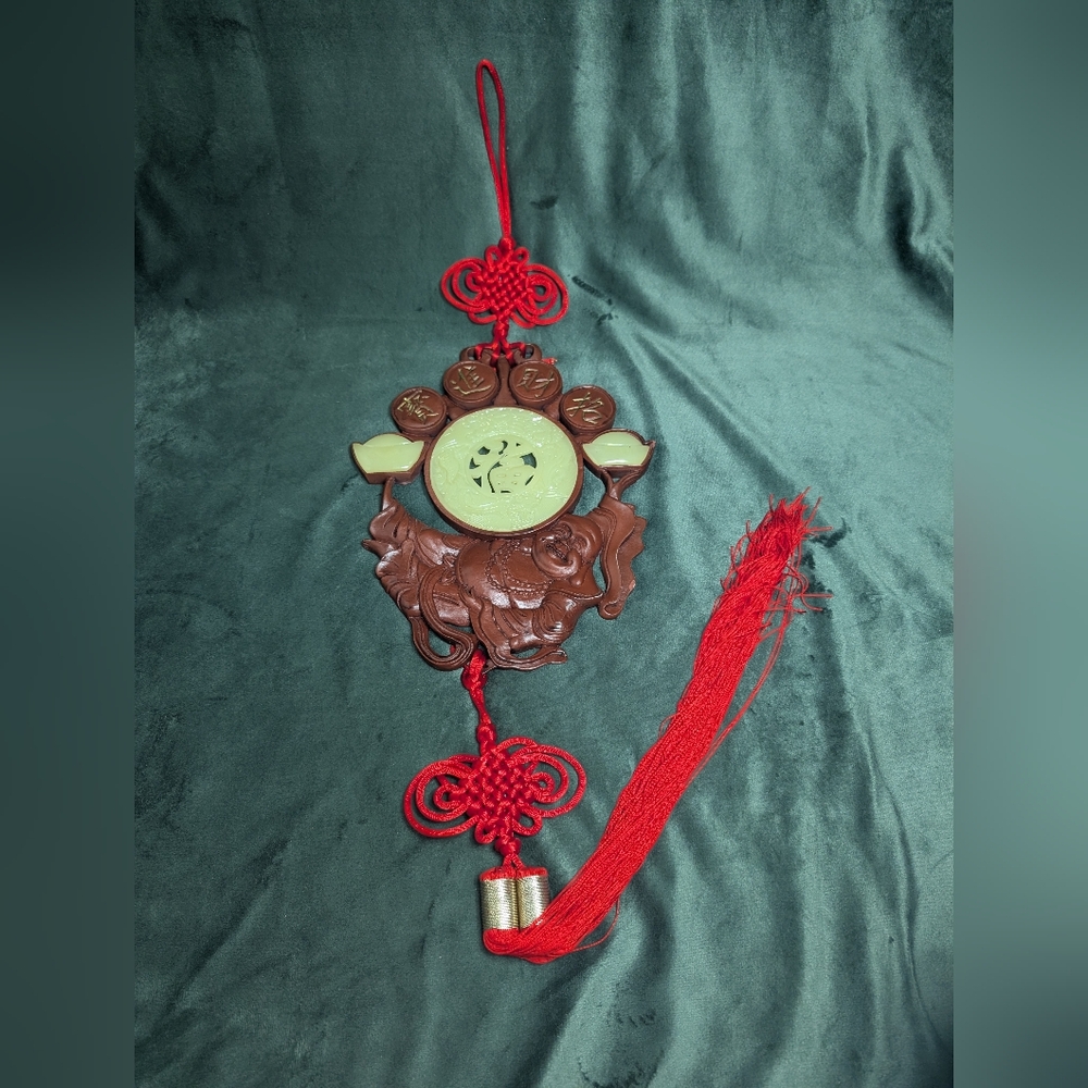 Chinese Red Knot Happy Buddha Wood & Green Faux Jade Wall Hanging Long Tassel